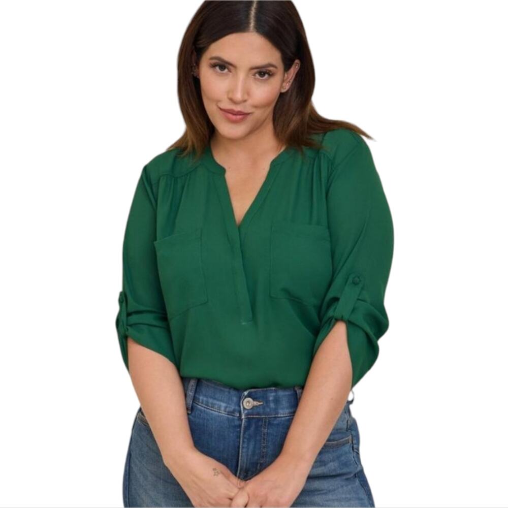 Torrid Harper Eden Green Georgette Pullover 3/4 Sleeve Blouse Plus Size 3 3X